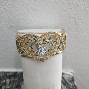 Gold Tone Heart Floral Leaf Crystal Hinged‎ Bangle Bracelet Women Jewelry